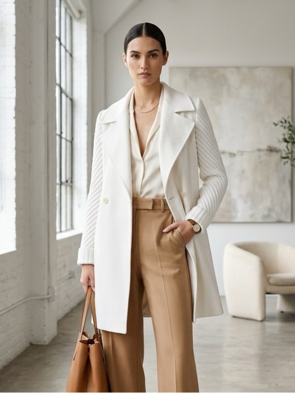 Vince cream wool double breasted coat with knit sleeves - XS